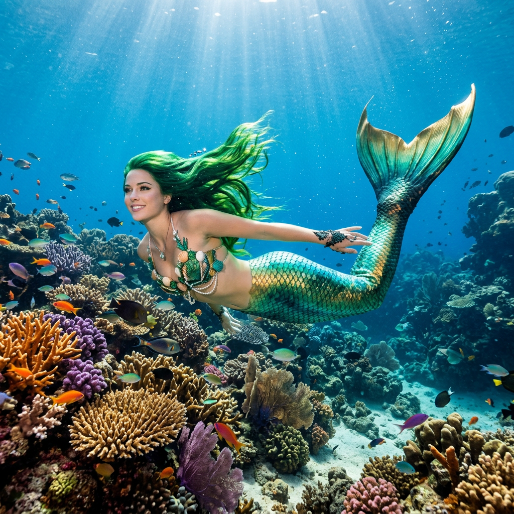 Mermaid with green hair and scaled tail swimming over coral reef with various fish