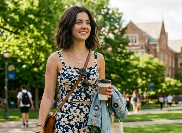Young woman walking on college campus holding coffee cup and tote bag