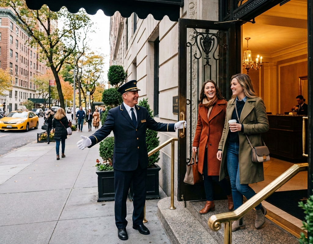 NYC doorman welcoming female tenants at entrance