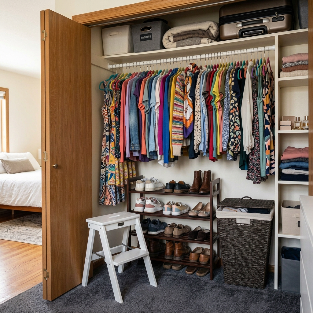 Closet with hanging shirts, shoe rack, storage bins, and step stool in a bedroom