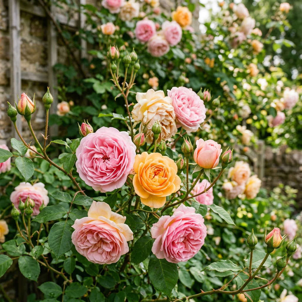 Pink, peach, and golden roses blooming among green leaves